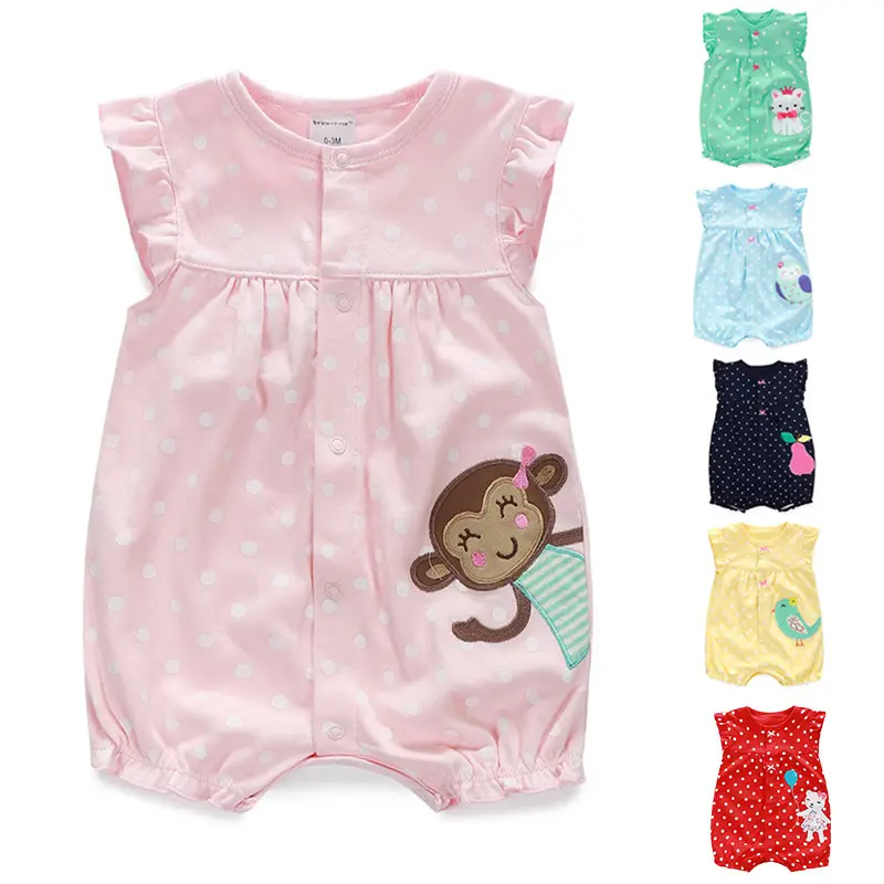 Baby Romper Pink Cotton Summer Wear with Animal Embroidery