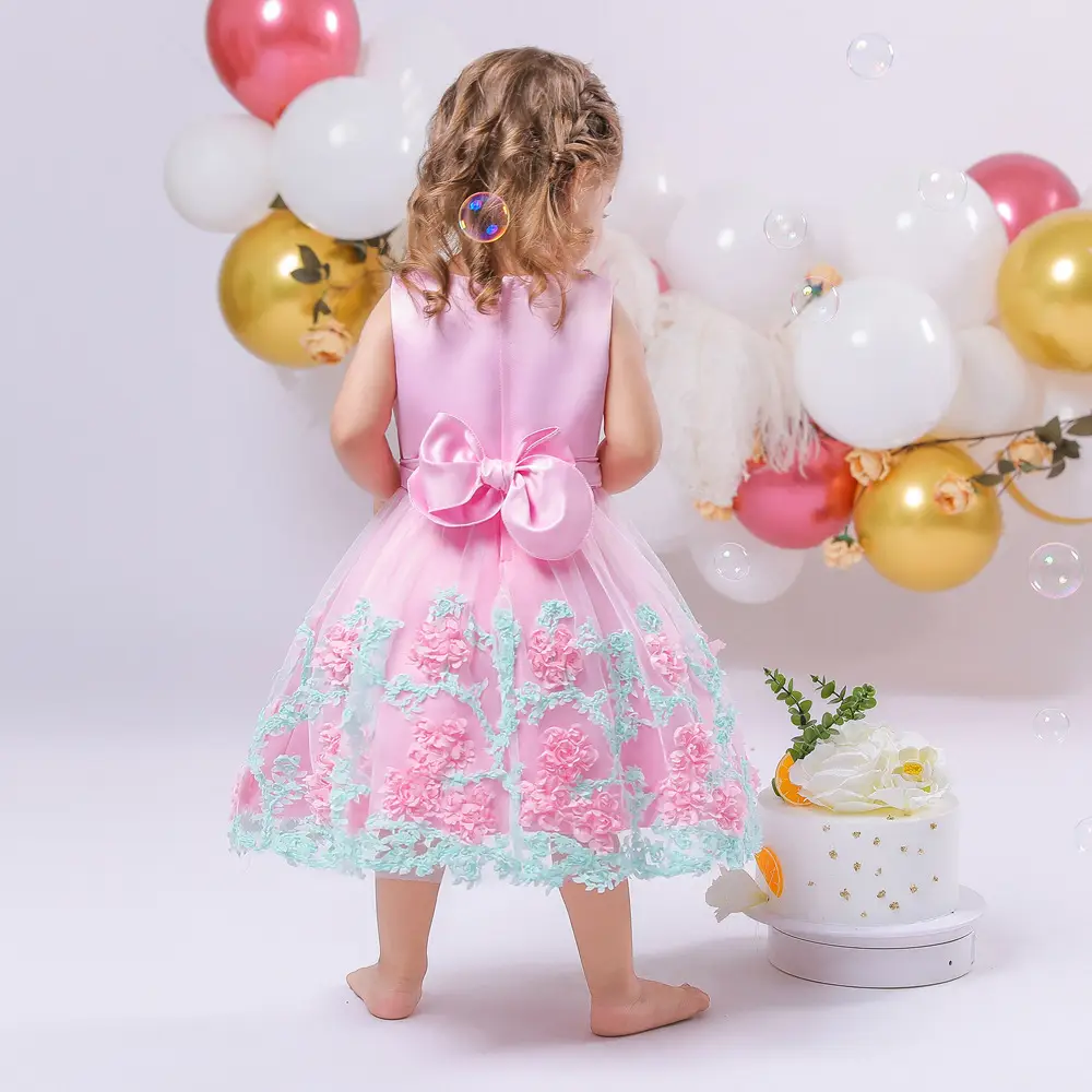 Pink Sleeveless Floral Embroidered Kids Dress