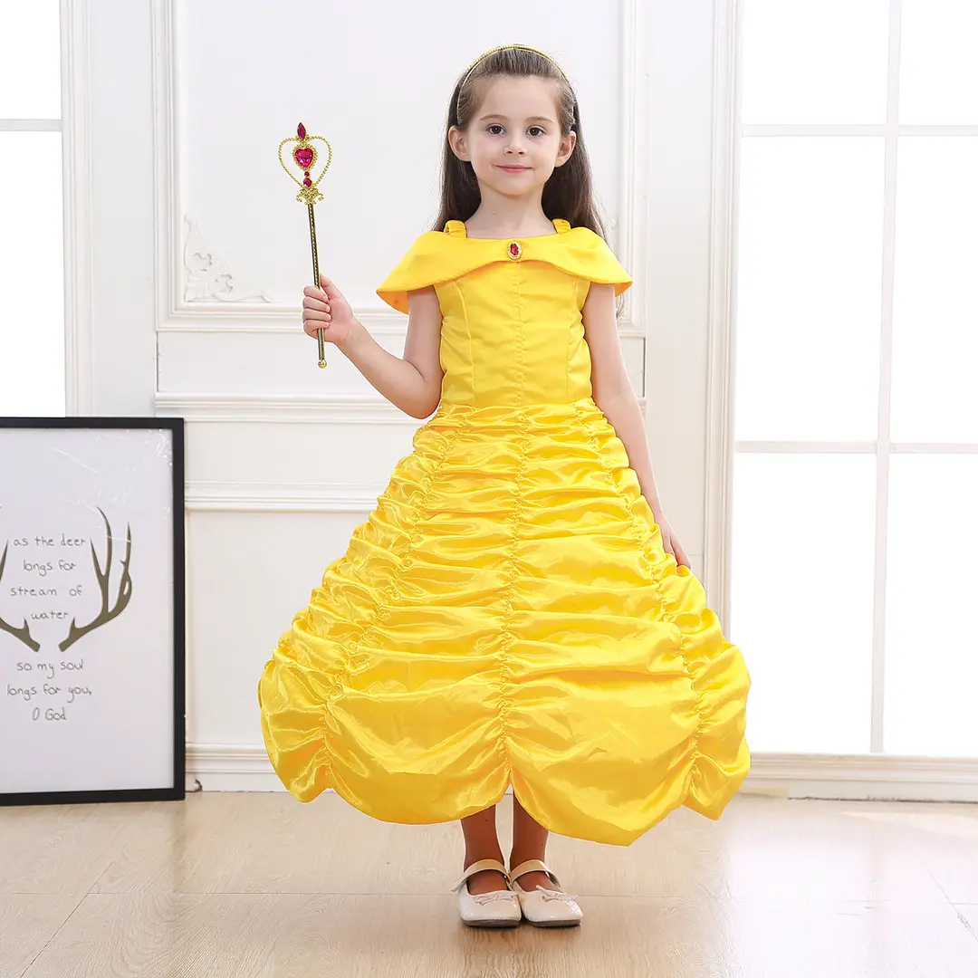 Yellow Princess Dress for Girls 3-10 Years Satin Ruffled