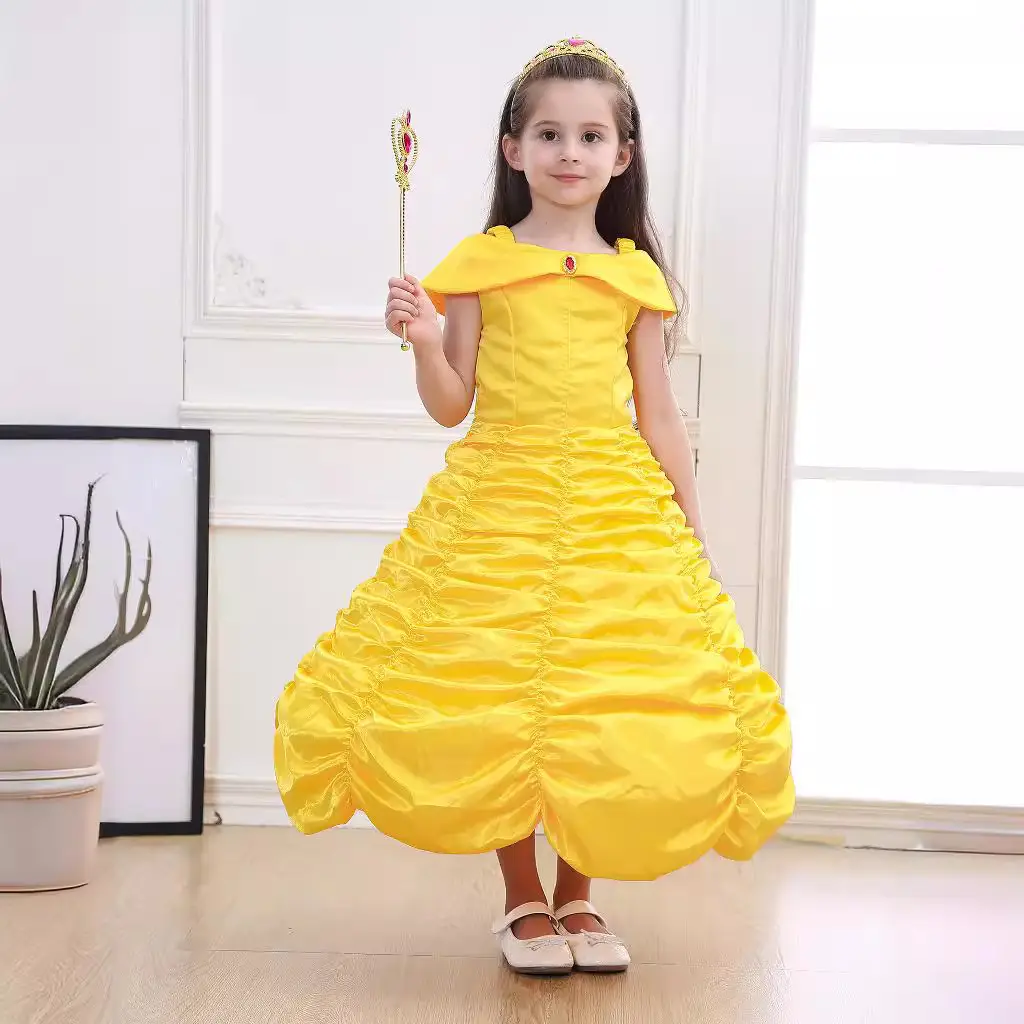 Yellow Princess Dress for Girls 3-10 Years Satin Ruffled