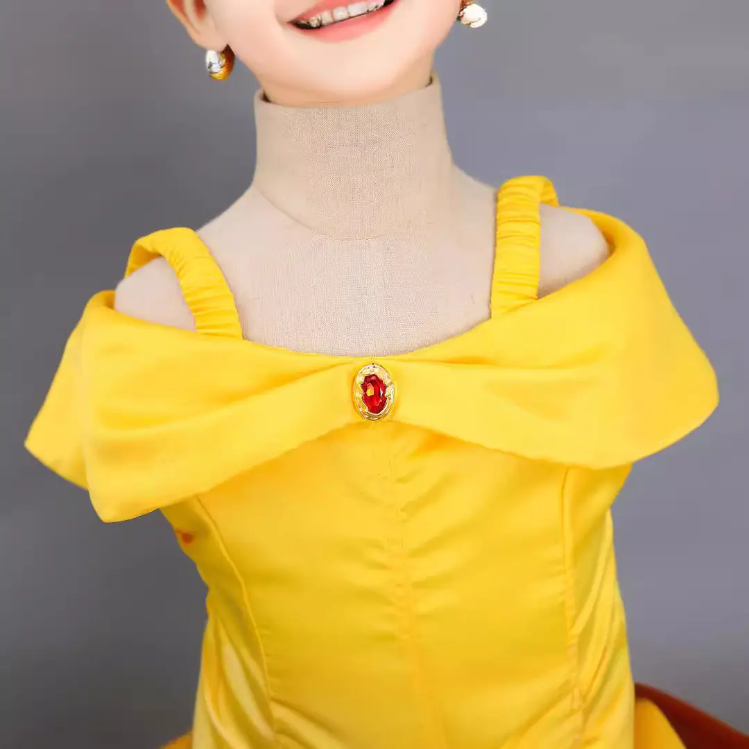 Yellow Princess Dress for Girls 3-10 Years Satin Ruffled