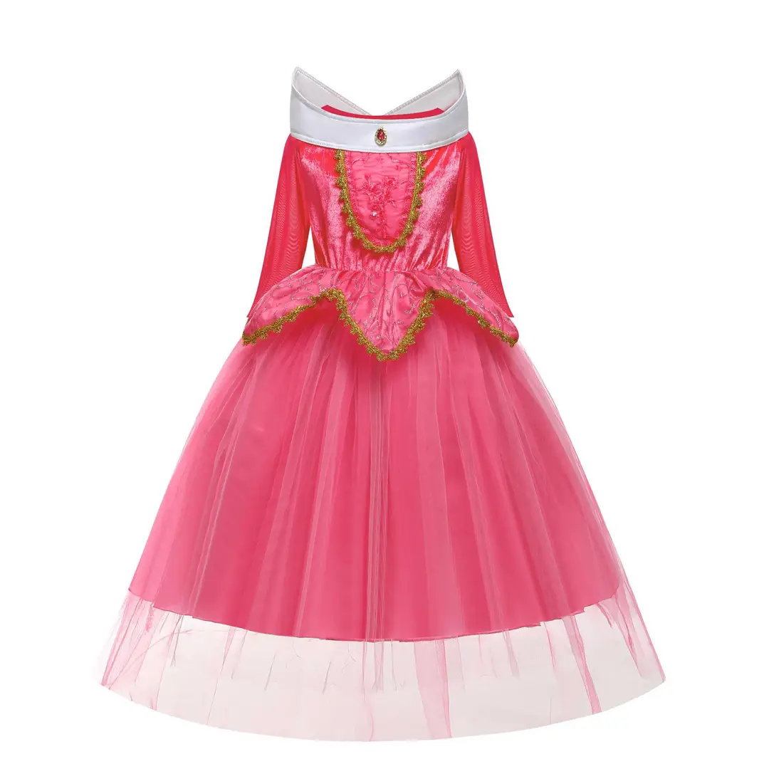 Pink Princess Tulle Dress with Gold Trim for Girls