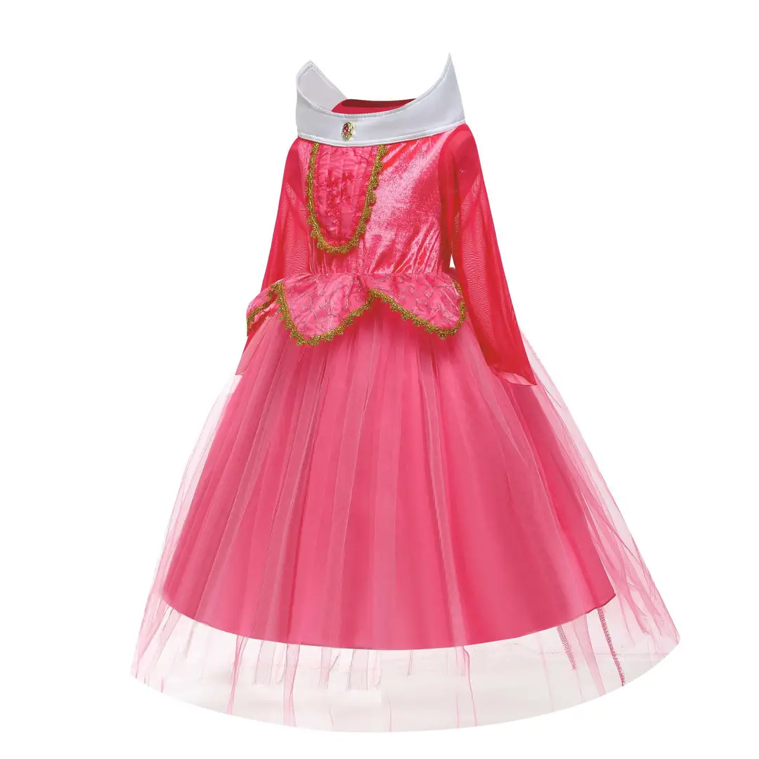 Pink Princess Tulle Dress with Gold Trim for Girls