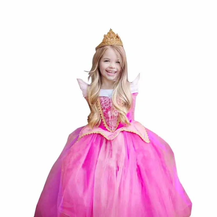 Pink Princess Tulle Dress with Gold Trim for Girls