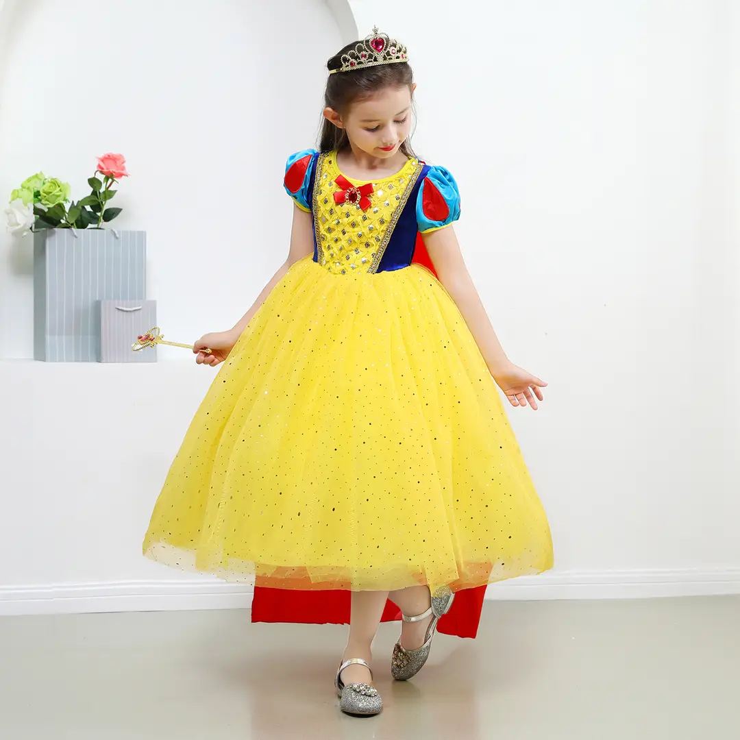 Princess Dress Yellow Tulle Blue Bow Capable for Kids