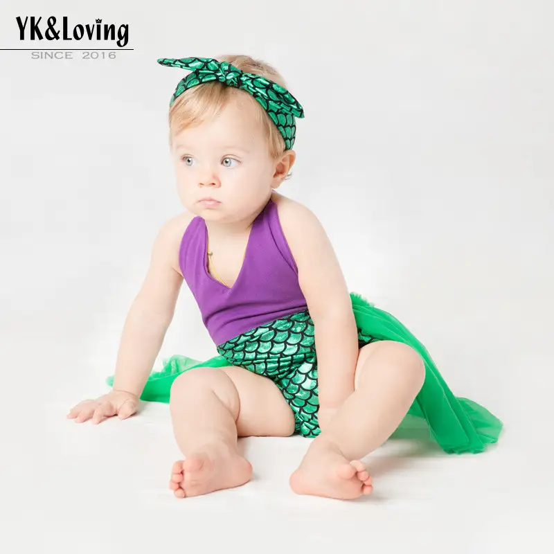 Baby Mermaid Dress Green Purple Scale Headband
