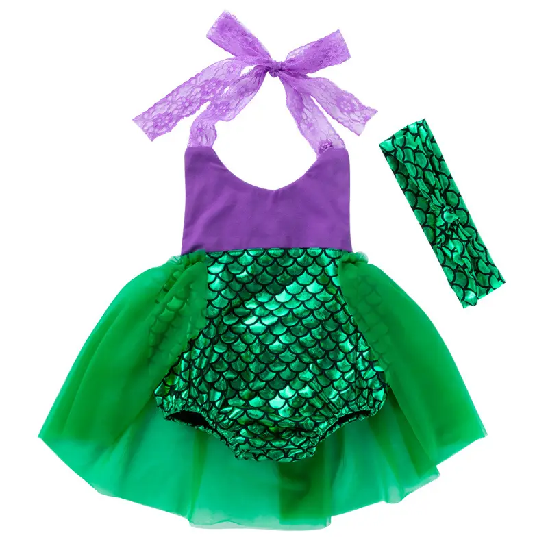 Baby Mermaid Dress Green Purple Scale Headband