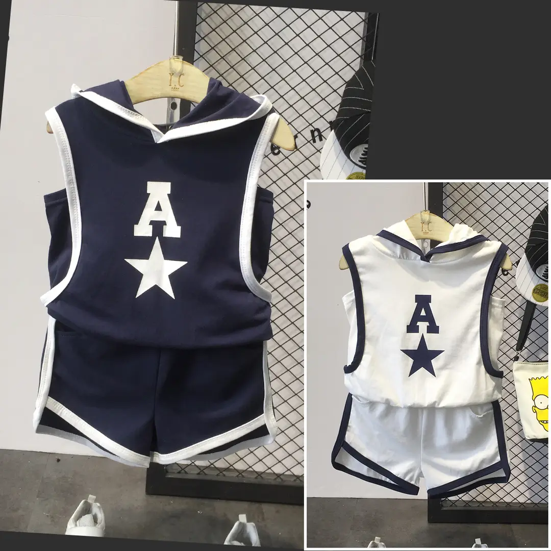 Kids Sleeveless Hooded Vest Short Navy White Star