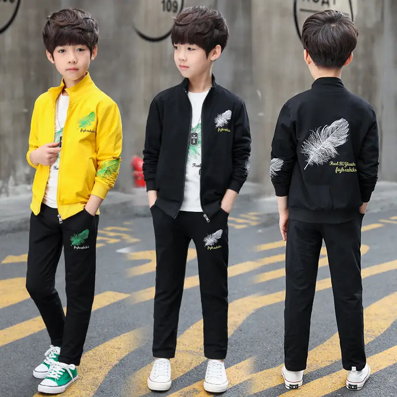 Pakistani Boys Feather Embroidered 3-Piece Suit Yellow Black