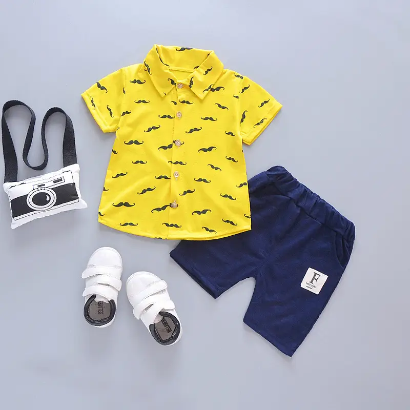 Kids Moustache Print Suit Set Mint Blue Shorts