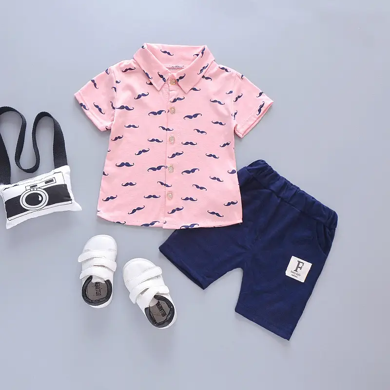Kids Moustache Print Suit Set Mint Blue Shorts