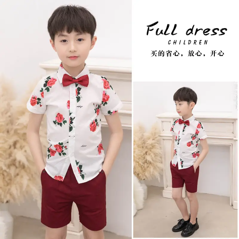 Children Full Dress Set Floral Red Bow Tie 85-95cm