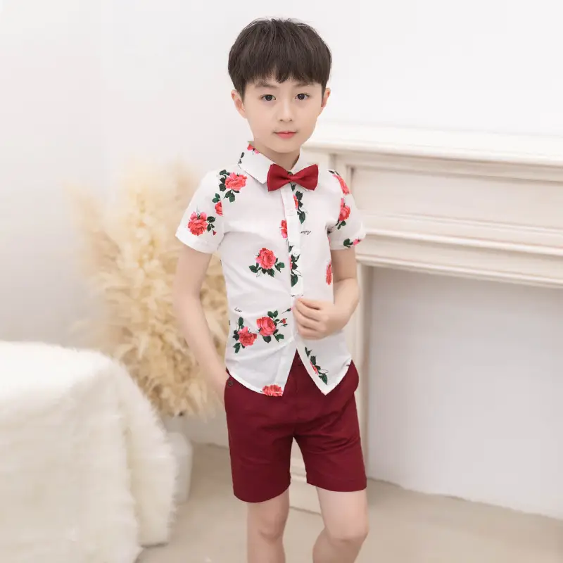 Children Full Dress Set Floral Red Bow Tie 85-95cm