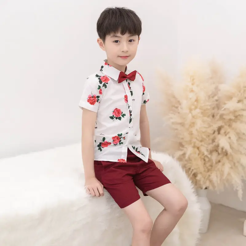 Children Full Dress Set Floral Red Bow Tie 85-95cm