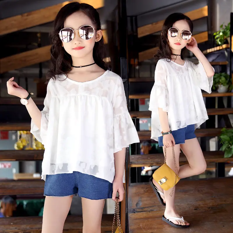 White Lace Top & Denim Shorts Set for Girls Summer Wear