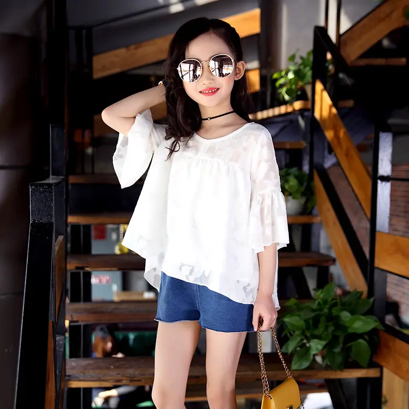 White Lace Top & Denim Shorts Set for Girls Summer Wear