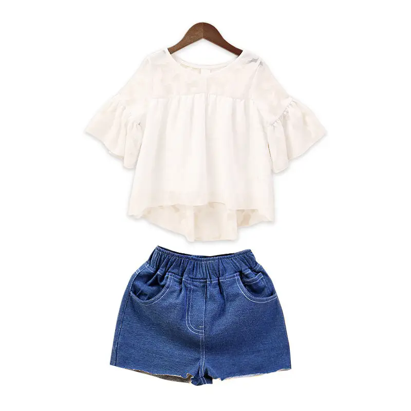White Lace Top & Denim Shorts Set for Girls Summer Wear