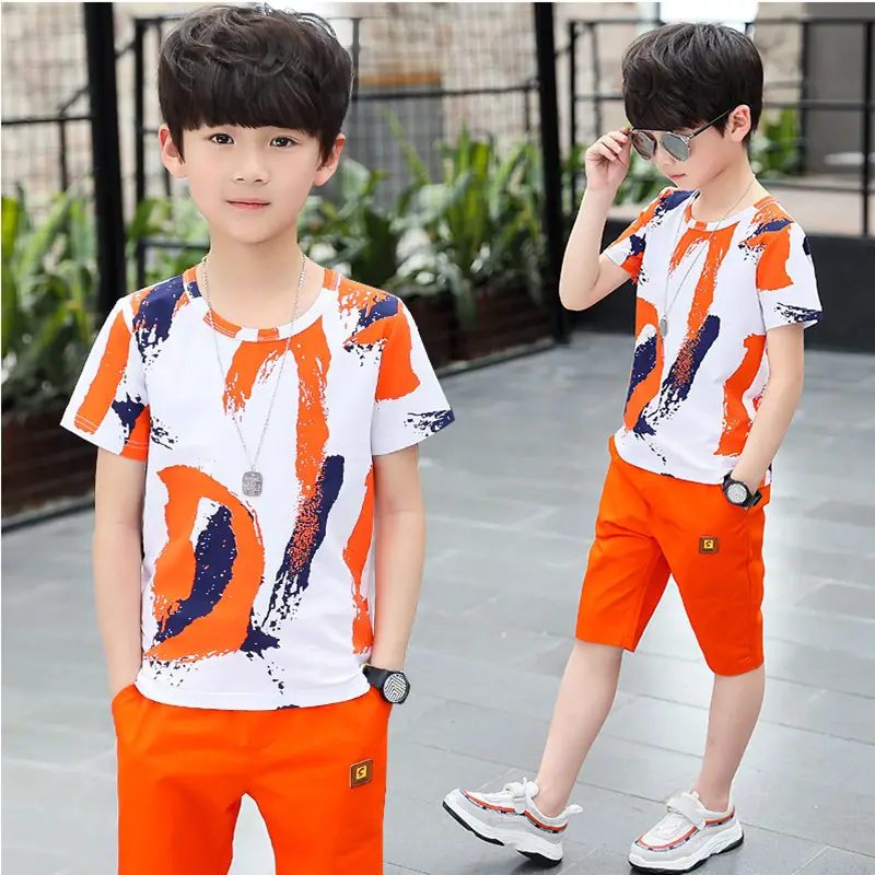 Kids Boys T-Shirt Shorts Set Orange Navy Summer Wear