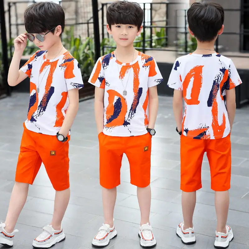 Kids Boys T-Shirt Shorts Set Orange Navy Summer Wear