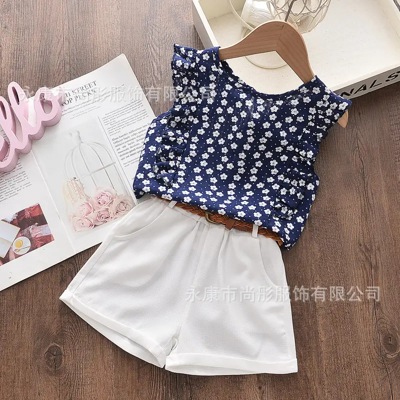 Navy Floral Sleeveless Top with White Shorts Set