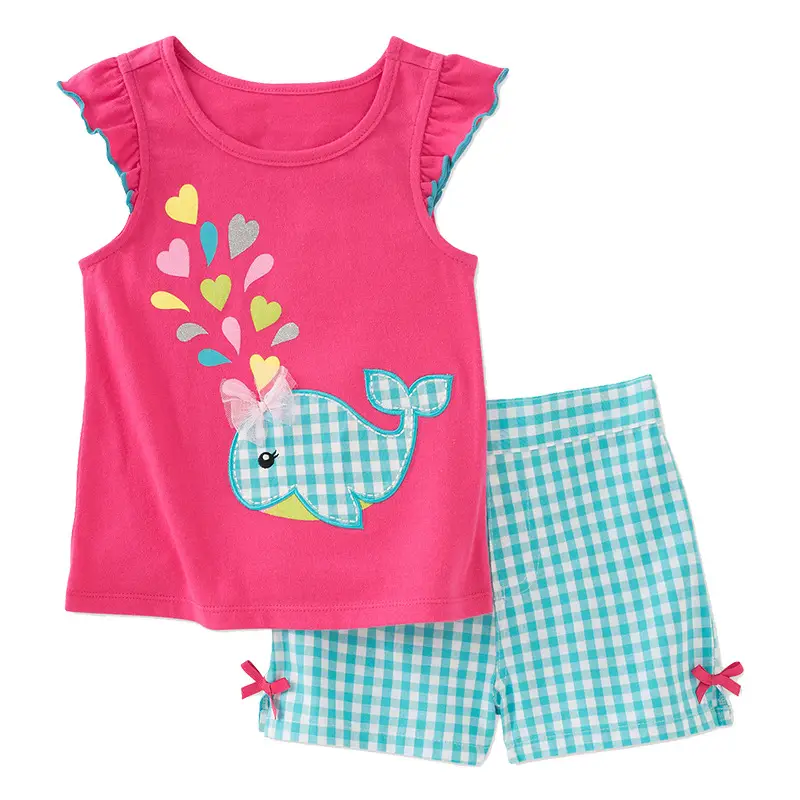 Kids Cotton Whale Graphic Top & Shorts Set Pink Blue