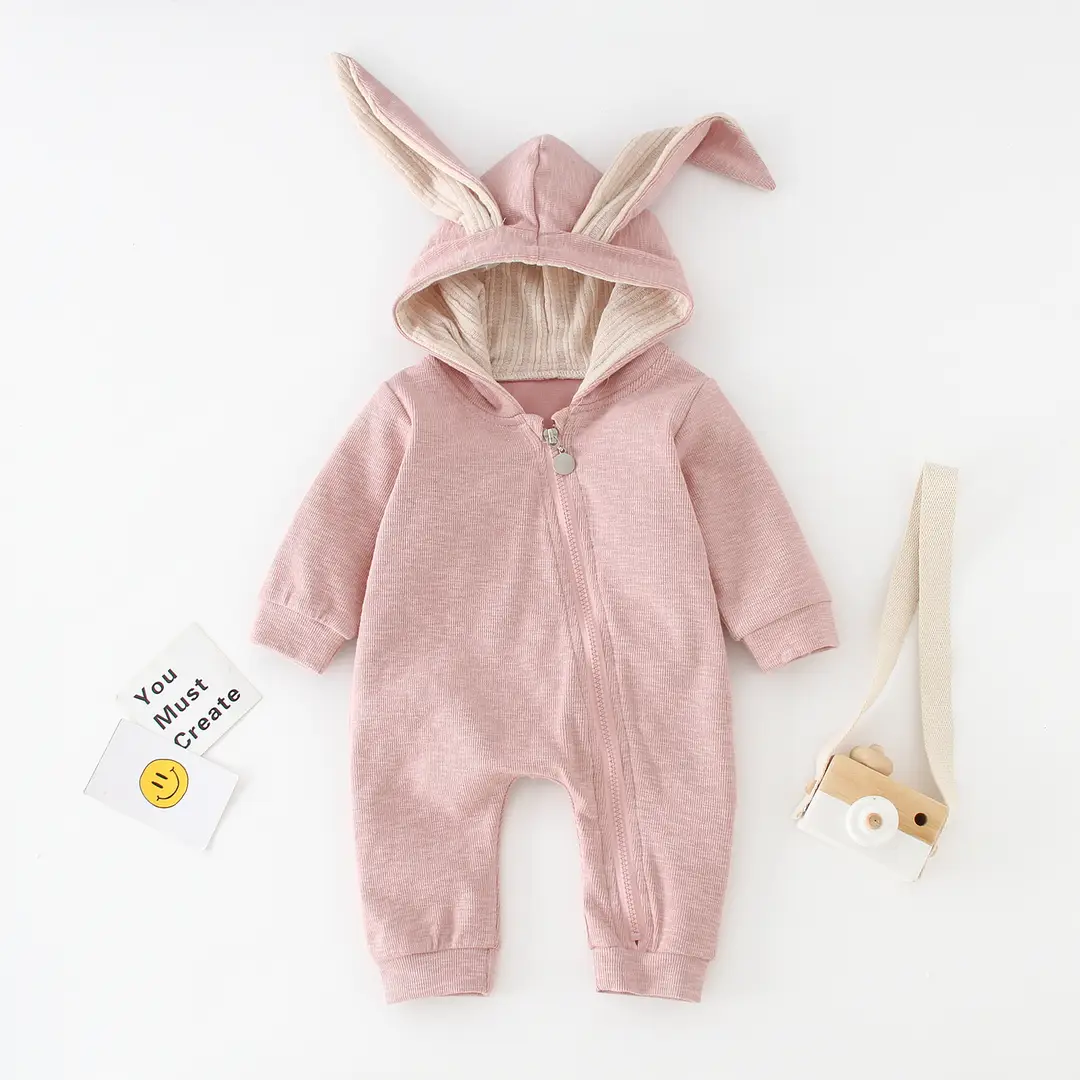 Rabbit Hooded Jumpsuits for Kids Pink Blue White Zipper