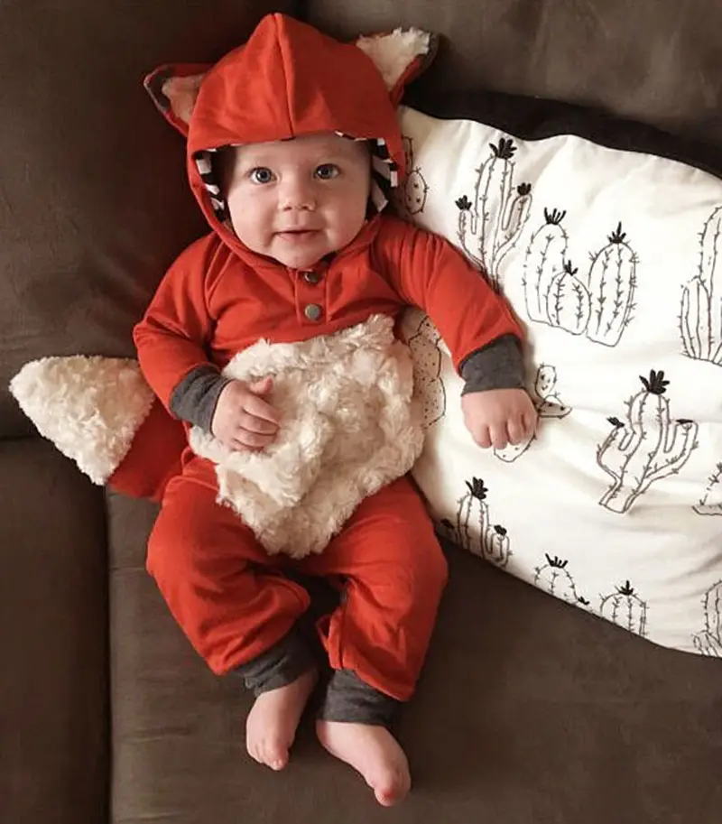 Faux Fur Fox T-Shirt Orange Kids Hooded Jump Suit