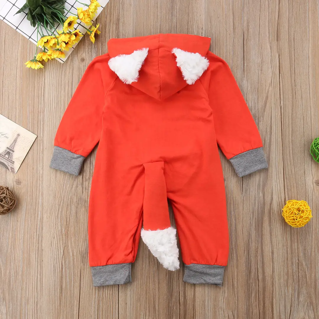Faux Fur Fox T-Shirt Orange Kids Hooded Jump Suit