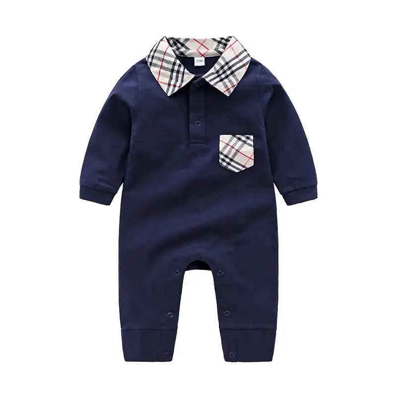 Baby Checkered Collar Jumpsuits Navy White 0-3M