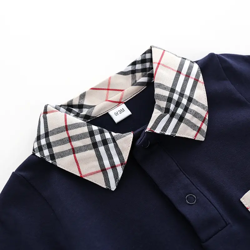 Baby Checkered Collar Jumpsuits Navy White 0-3M