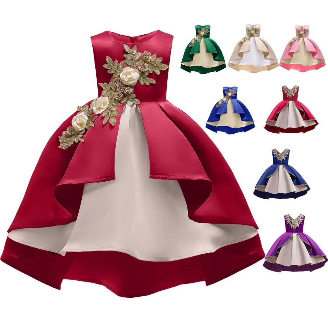 Princess Dress Red Satin High-Low Hem Floral Embroidery