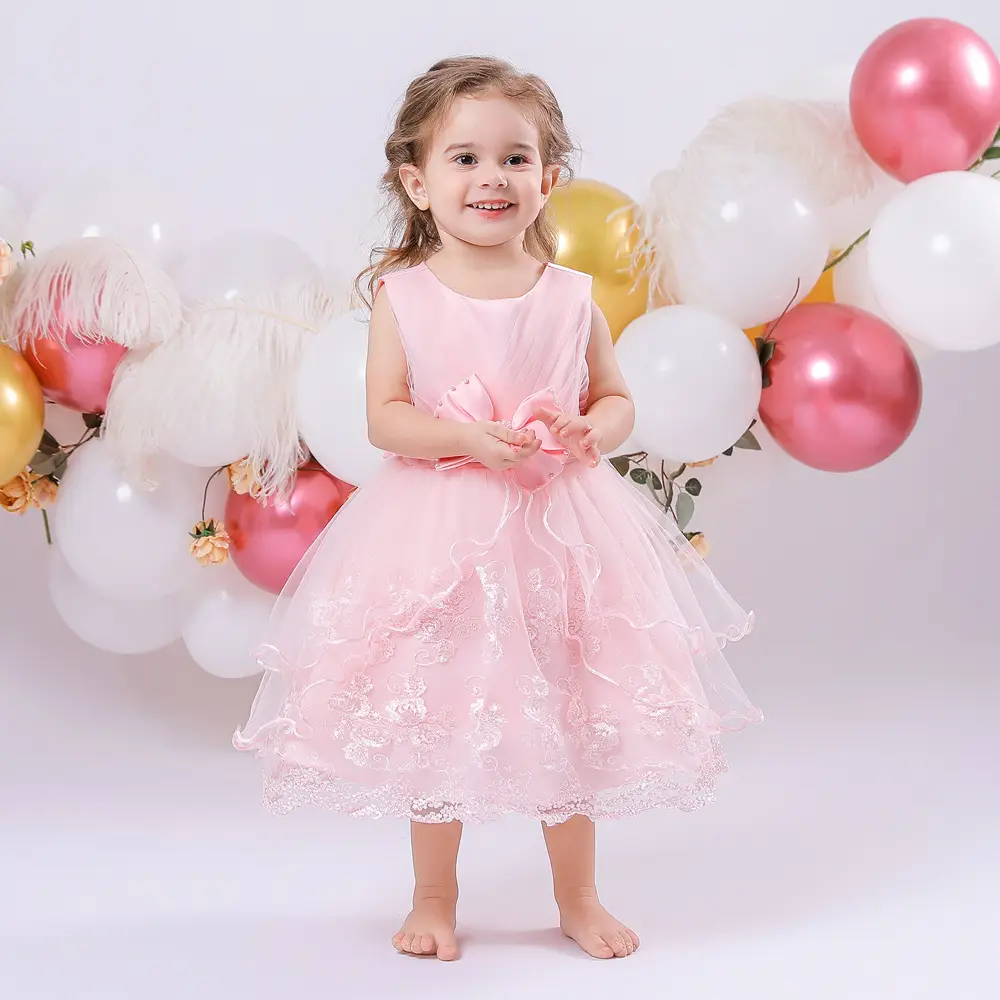 Pink Baby Dress with Lace Embroidery & Bow for Birthdays & Weddings
