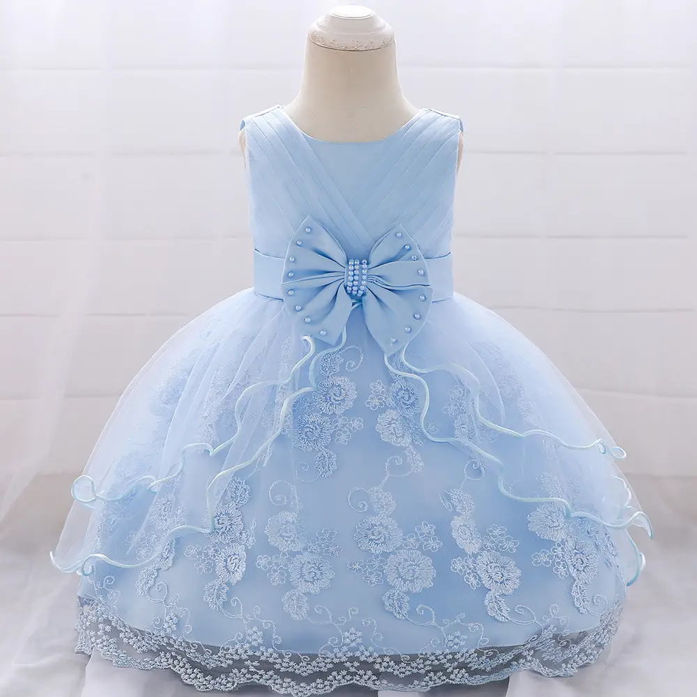 Pink Baby Dress with Lace Embroidery & Bow for Birthdays & Weddings