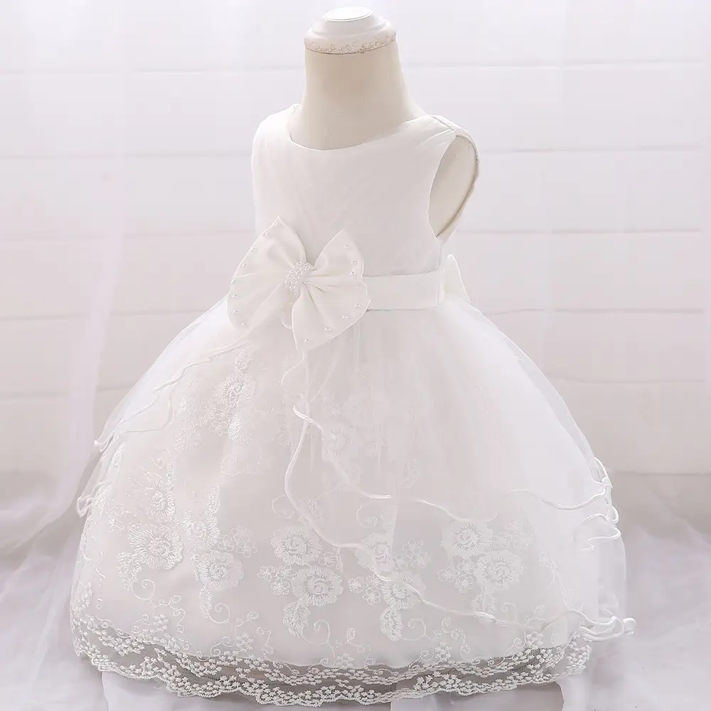 Pink Baby Dress with Lace Embroidery & Bow for Birthdays & Weddings