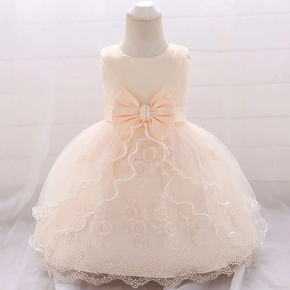 Pink Baby Dress with Lace Embroidery & Bow for Birthdays & Weddings