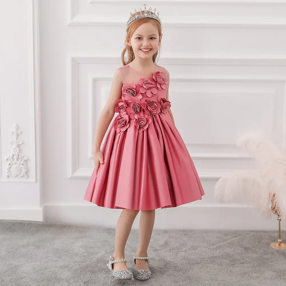 Princess 3D Rose Dress Pink Sleeveless Mesh