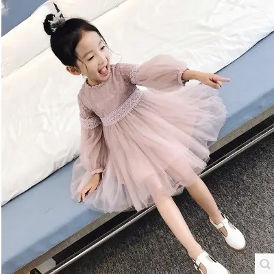 Princess Dress for Girls Beige Gauze Tulle Long Sleeve