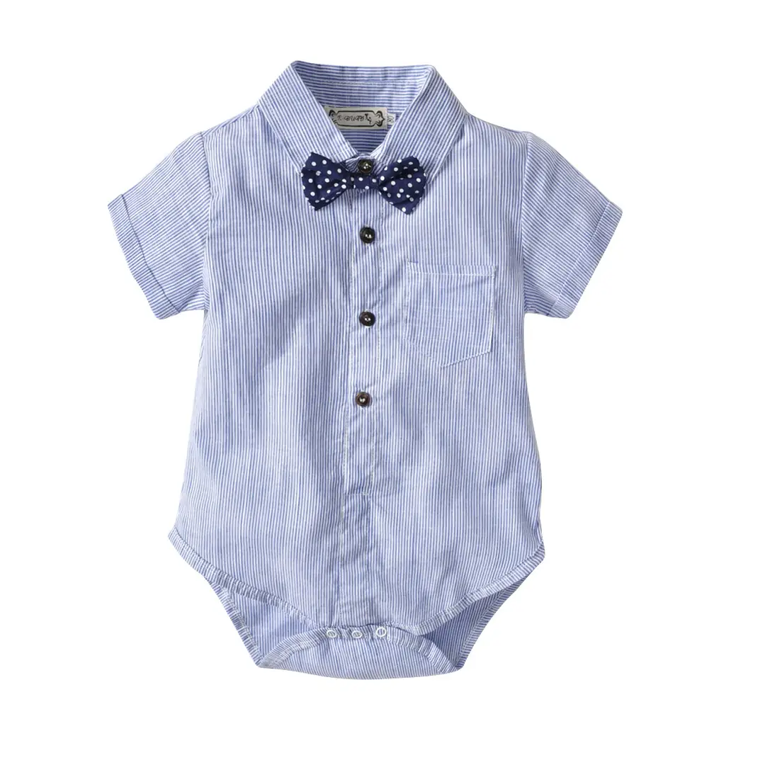 Kids 3-Piece Blue White Striped Suit with Bow Tie & Khaki Shorts