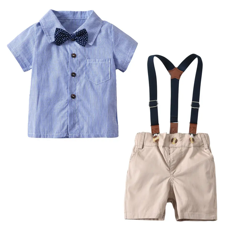 Kids 3-Piece Blue White Striped Suit with Bow Tie & Khaki Shorts