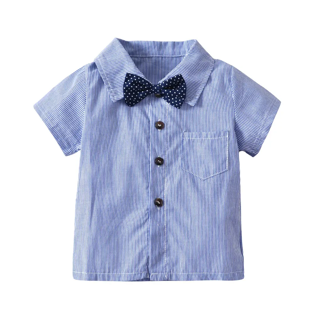 Kids 3-Piece Blue White Striped Suit with Bow Tie & Khaki Shorts
