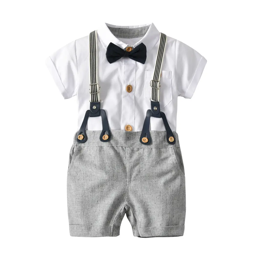 Kids White Cotton Suit with Bow Tie & Gray Shorts