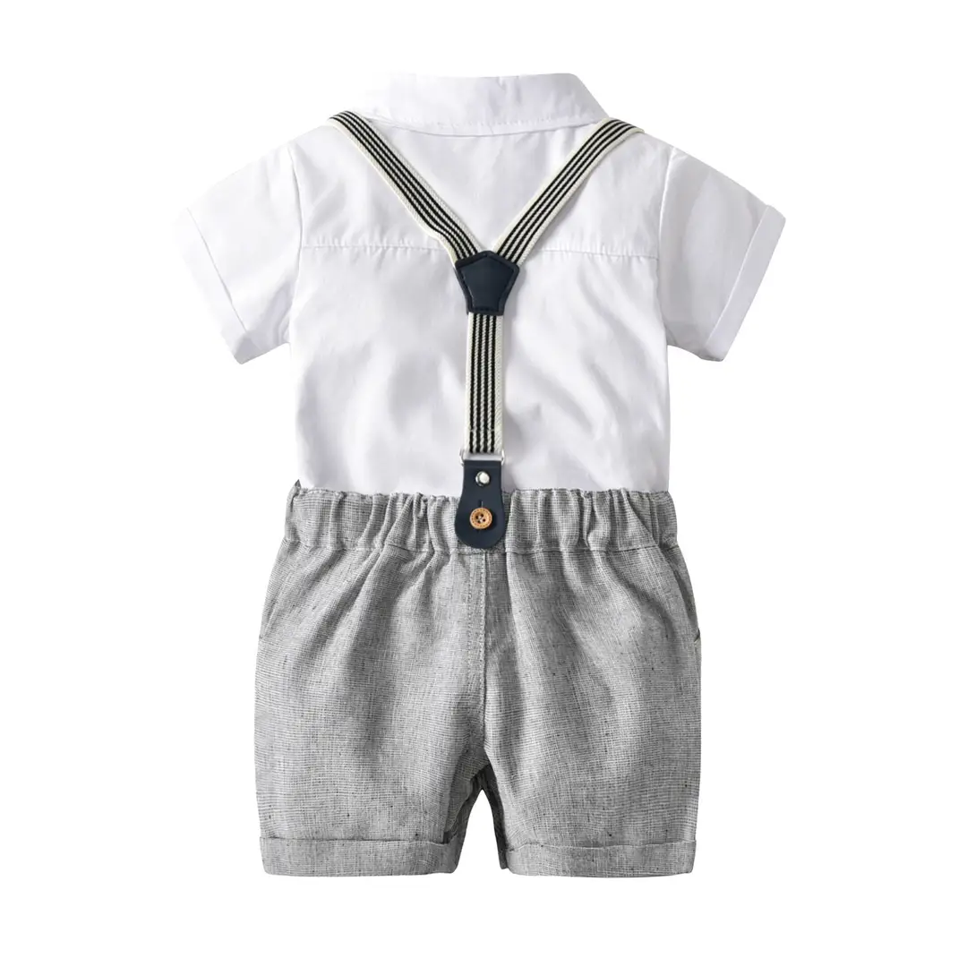 Kids White Cotton Suit with Bow Tie & Gray Shorts