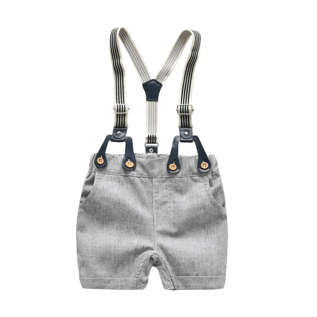 Kids White Cotton Suit with Bow Tie & Gray Shorts