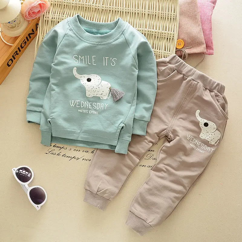 Baby Elephant Print Cotton Sweatshirt & Pants Set Pink Beige
