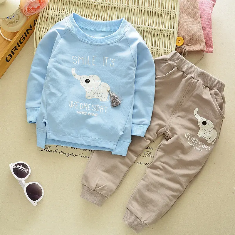 Baby Elephant Print Cotton Sweatshirt & Pants Set Pink Beige