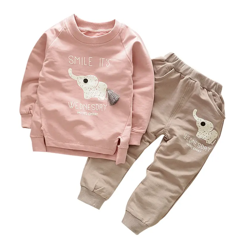 Baby Elephant Print Cotton Sweatshirt & Pants Set Pink Beige