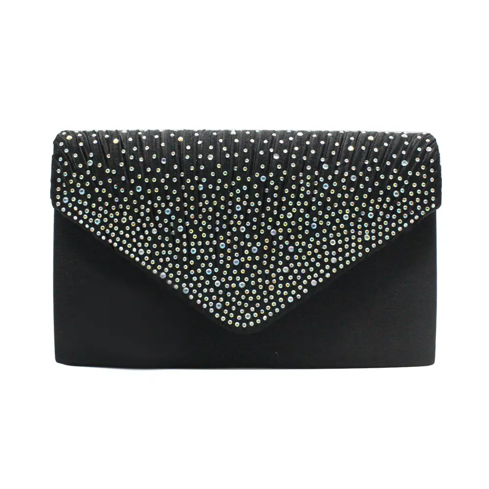 Pink Satin Pleated Clutch Bag with Crystal Embellishment