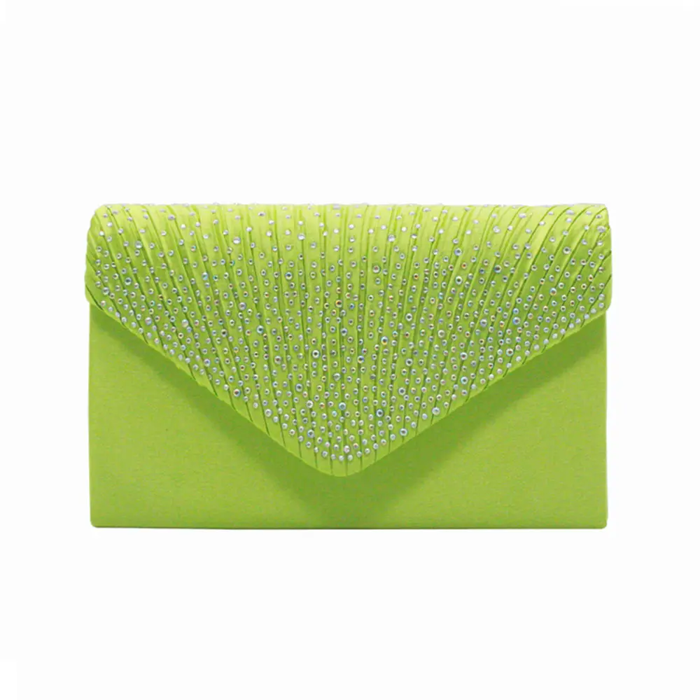 Pink Satin Pleated Clutch Bag with Crystal Embellishment