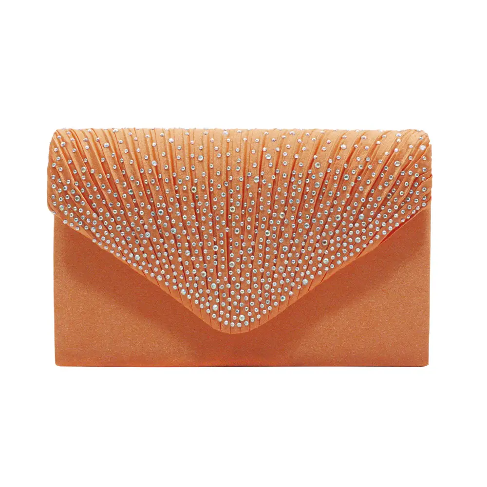 Pink Satin Pleated Clutch Bag with Crystal Embellishment