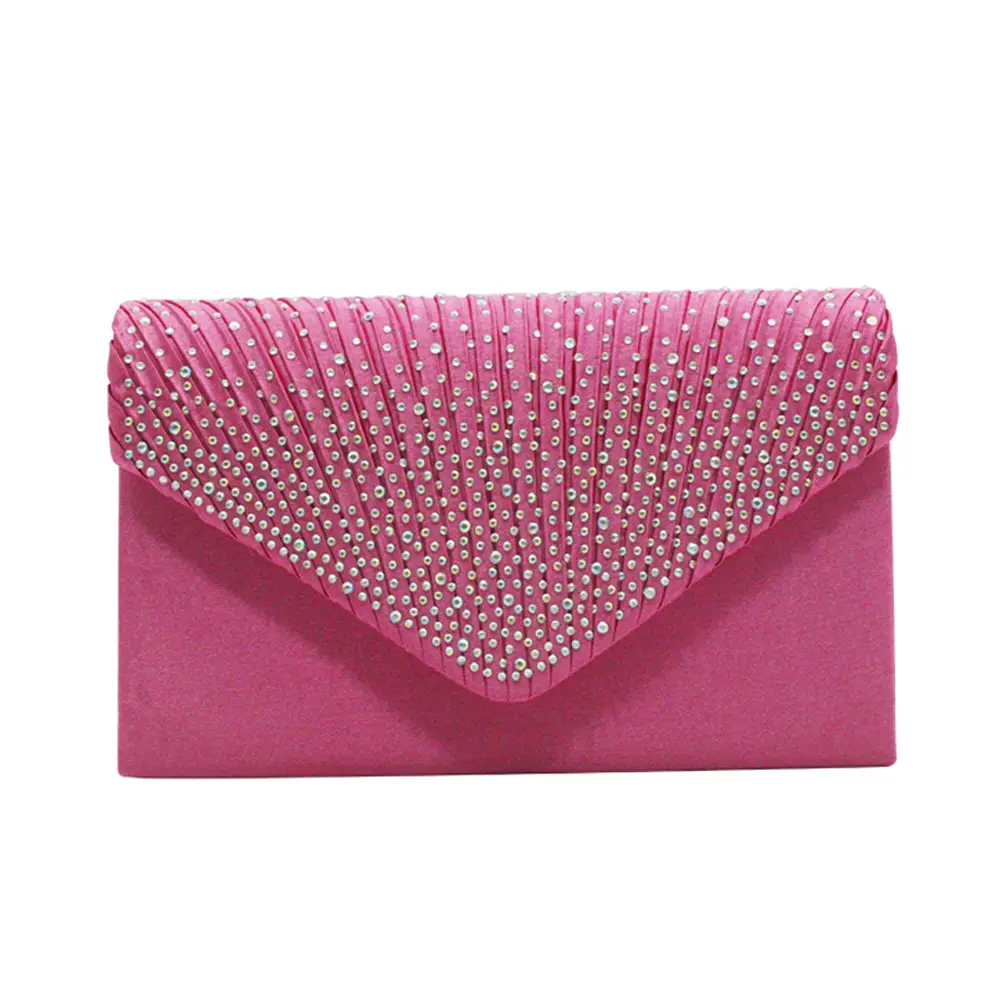 Pink Satin Pleated Clutch Bag with Crystal Embellishment